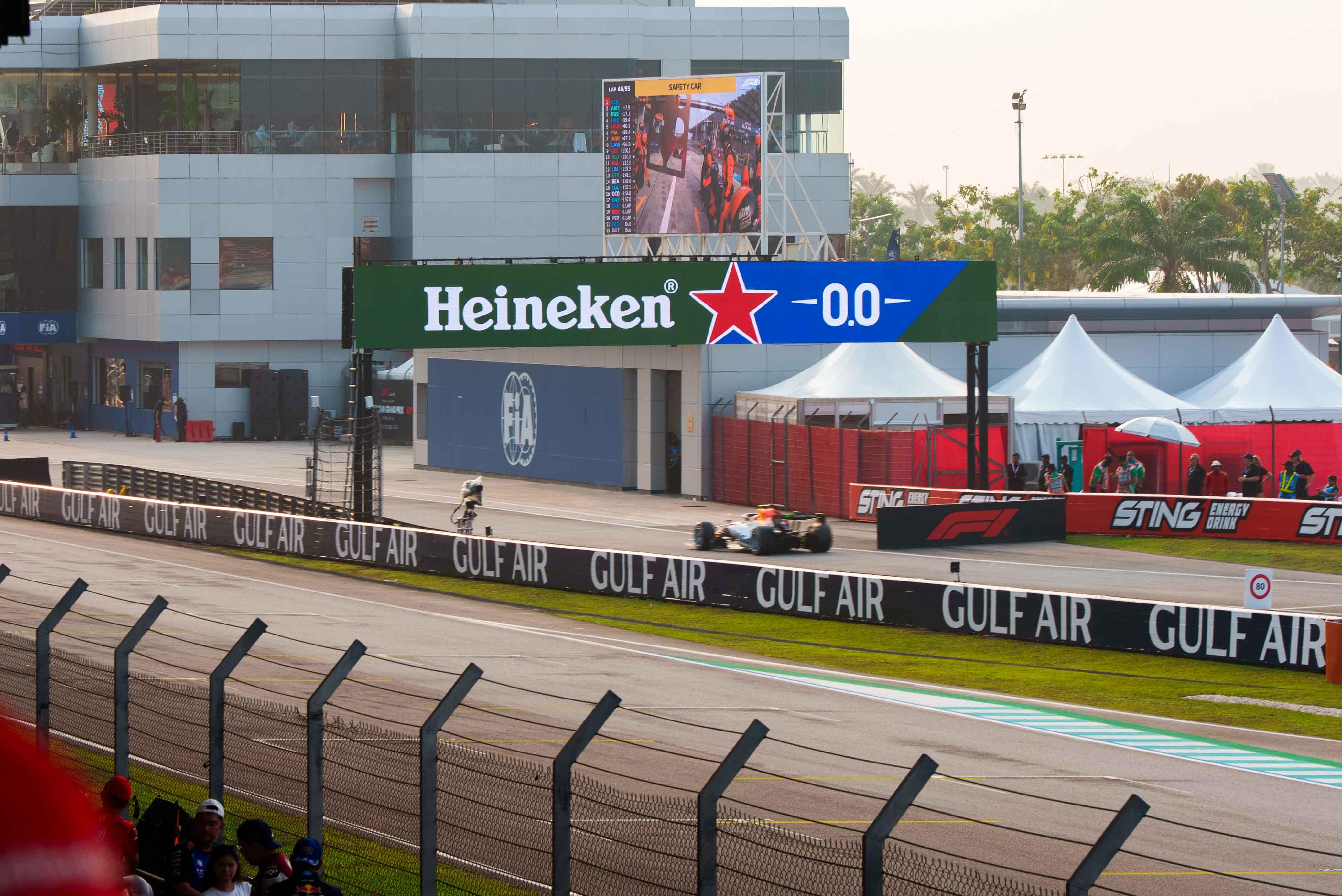 Heineken® 0.0 trackside branding at Sepang International Circuit during the Formula 1 Gulf Air Bahrain Grand Prix 2026.